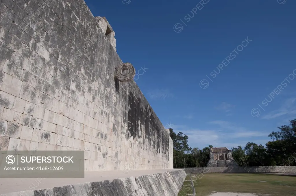 Mexico, Yucatan Peninsula, Near Cancun, Maya Ruins Of Chichen Itza, The Great Ball Court With The Bearded Man Temple In Background