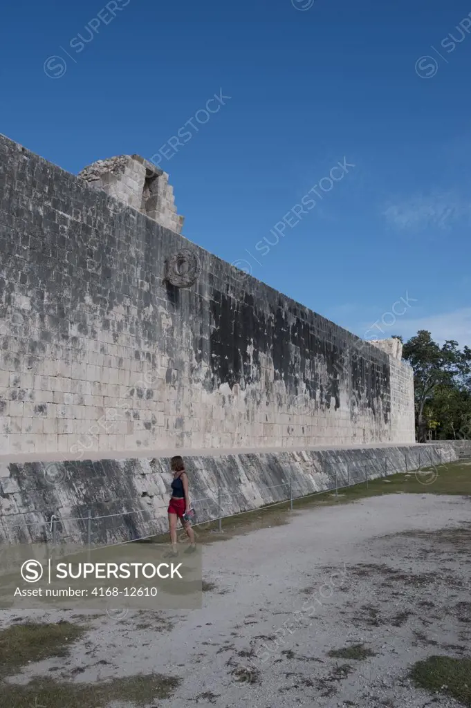 Mexico, Yucatan Peninsula, Near Cancun, Maya Ruins Of Chichen Itza, The Great Ball Court, Tourist