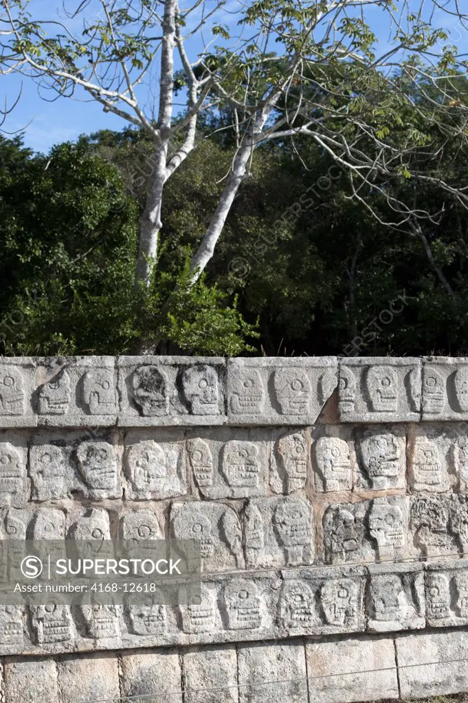 Mexico, Yucatan Peninsula, Near Cancun, Maya Ruins Of Chichen Itza, The Tzompantli - Platform Of The Skulls
