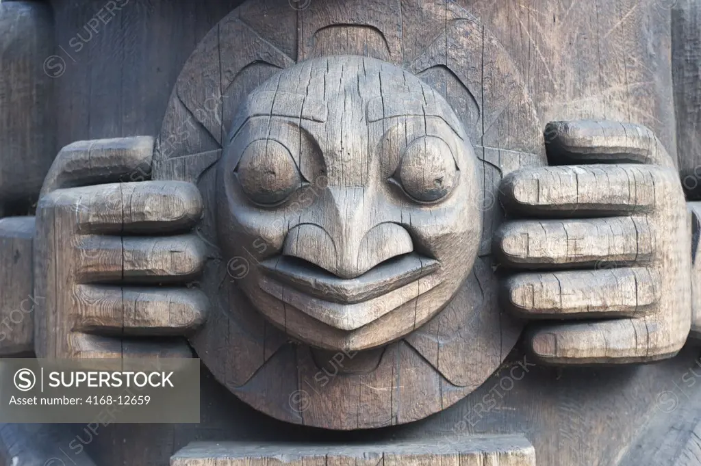 Usa, Washington State, Seattle, Occidental Park, Detail Of Totem Pole