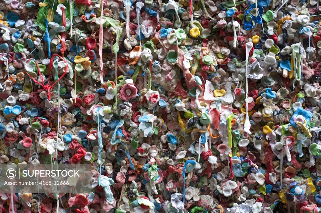 Usa, Washington State, Seattle, Post Alley, Near Pike Place Market, Market Theater, Detail Of Colorful Gum Wall