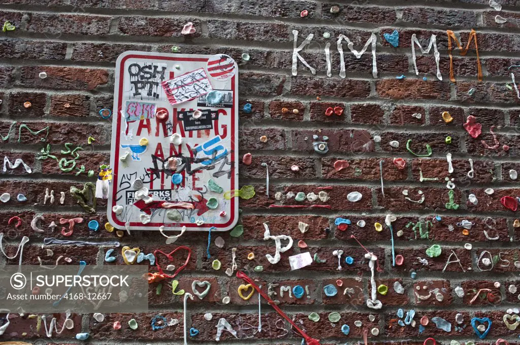 Usa, Washington State, Seattle, Post Alley, Near Pike Place Market, Market Theater, Colorful Gum Wall, No Parking Sign