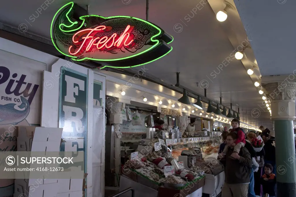 Usa, Washington State, Seattle, Pike Place Market Interior With Fish Stand And Fresh Fish Sign