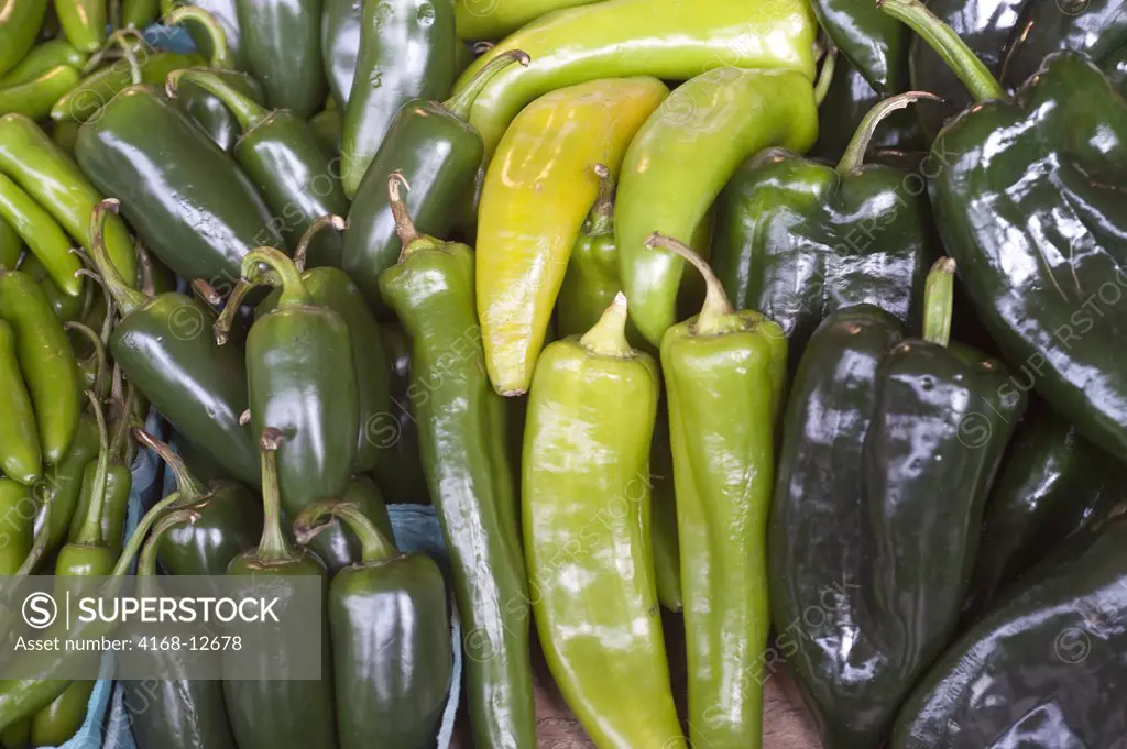 Usa, Washington State, Seattle, Pike Place Market, Produce Stand With Green Jalapeno Peppers