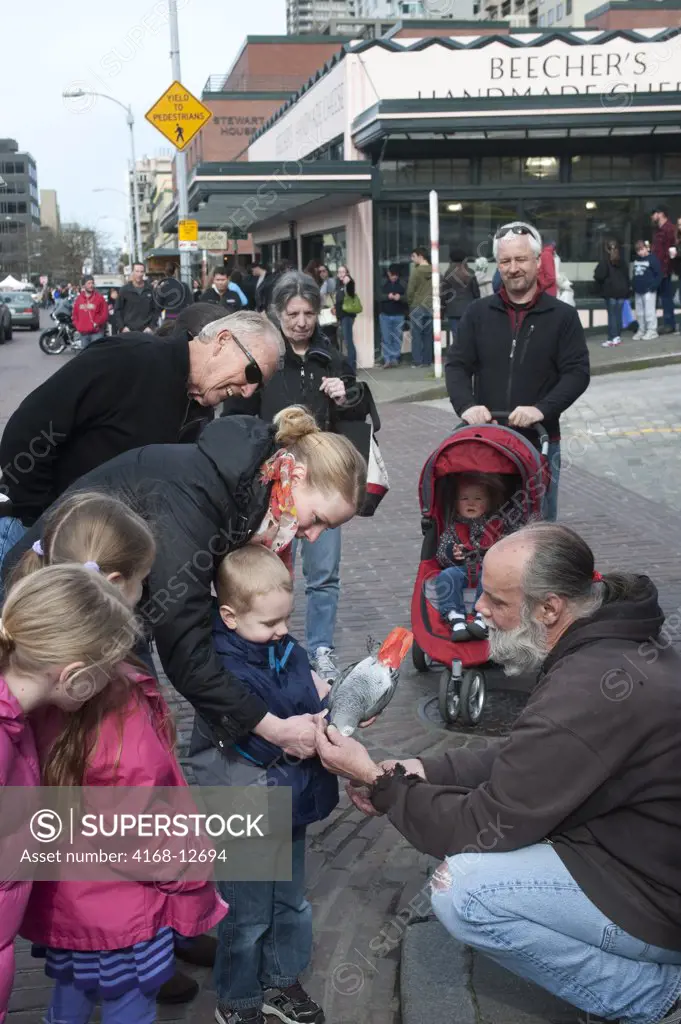 Usa, Washington State, Seattle, Pike Place Market, Street Performer With Grey Parrot Showing Tricks To Children