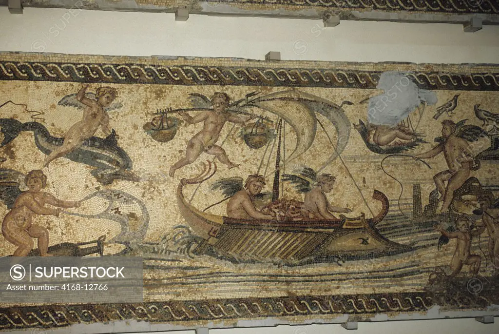 Libya, Tripoli, National Museum, Detail Of Roman Mosaic With Boat