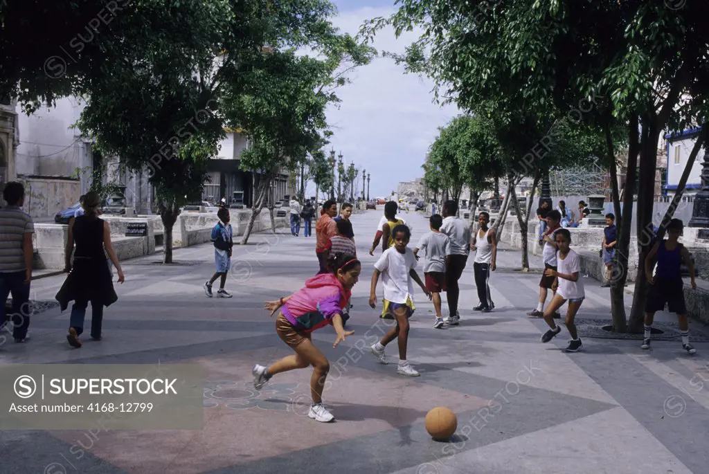 Cuba, Havana, Street Scene, Paseo De Marti, Schoolchildren Playing Soccer