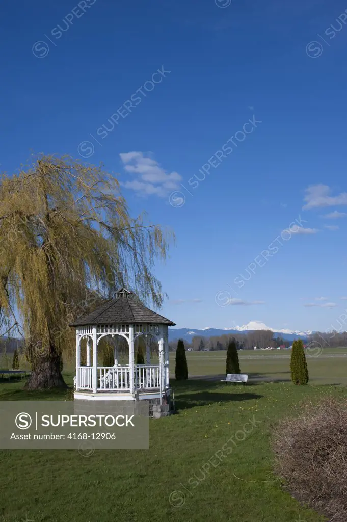 USA,  Washington State, Skagit Valley, Farm, Gazebo With Mt. Baker In Background