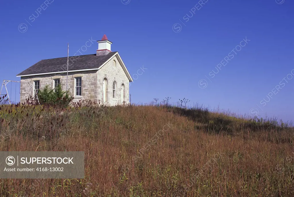 USA, Kansas, Flint Hills, Near Strong City, Tallgrass Prairie National Preserve, One Room Schoolhouse