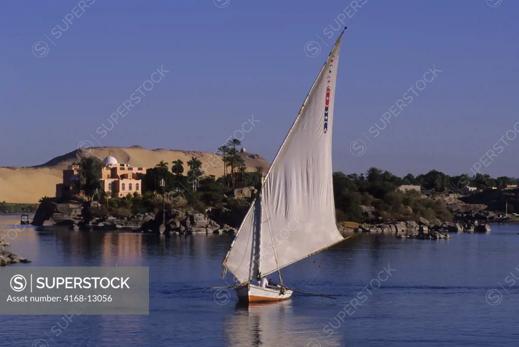 Egypt, Aswan, Nile River, Felucca, Club Med In Background