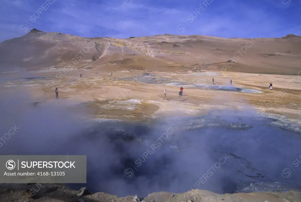 Iceland, Myvatn Lake Area, Namaskard Volcanic Area, Boiling Mud Pool, Tourists