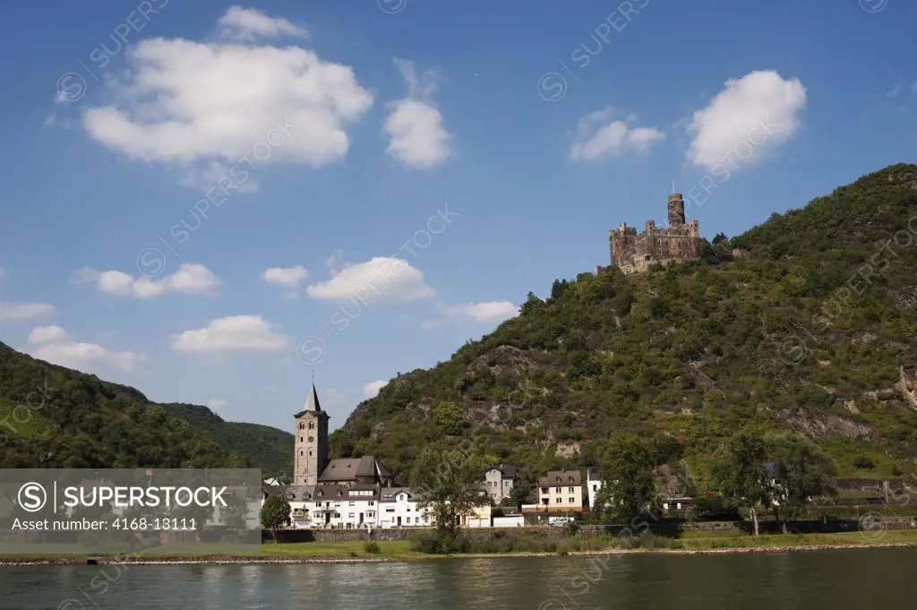 Germany, Rhine River, View Of Wellmich With  Castle Maus Above