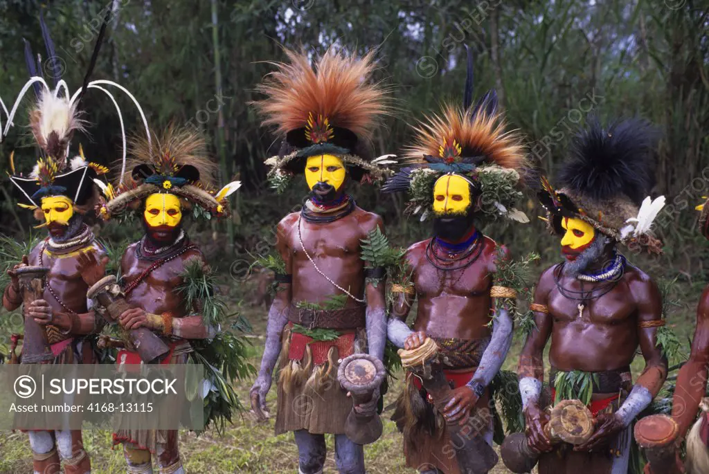 New Guinea Highlands, Near Tari, Huli Dancers With Ceremonial Wigs & Kuna Drums