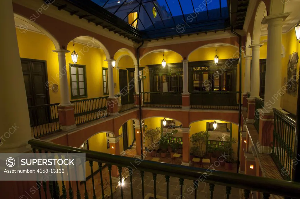 Inner Courtyard  At Night Of Hotel De La Opera In La Candelaria, The Old Town Of Bogota, Colombia