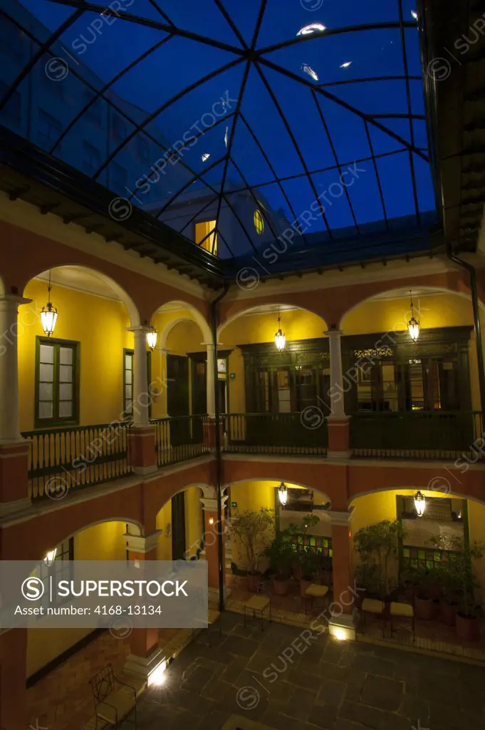 Inner Courtyard  At Night Of Hotel De La Opera In La Candelaria, The Old Town Of Bogota, Colombia