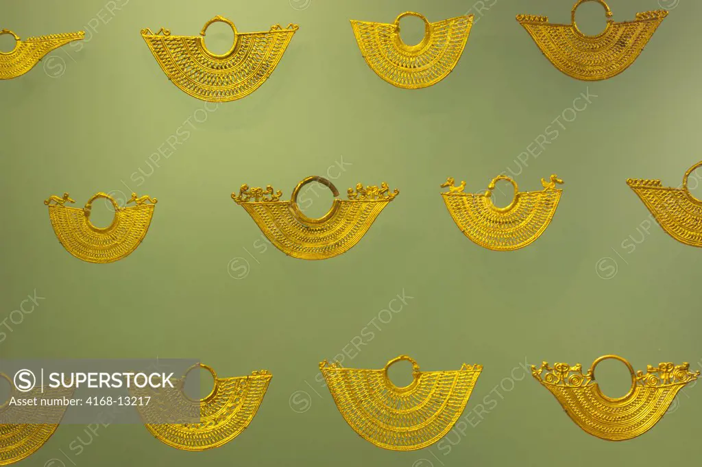 Golden Filigree Earrings From Tradicion Zenu Tribe In The Gold Museum In La Candelaria, The Old Town Of Bogota, Colombia