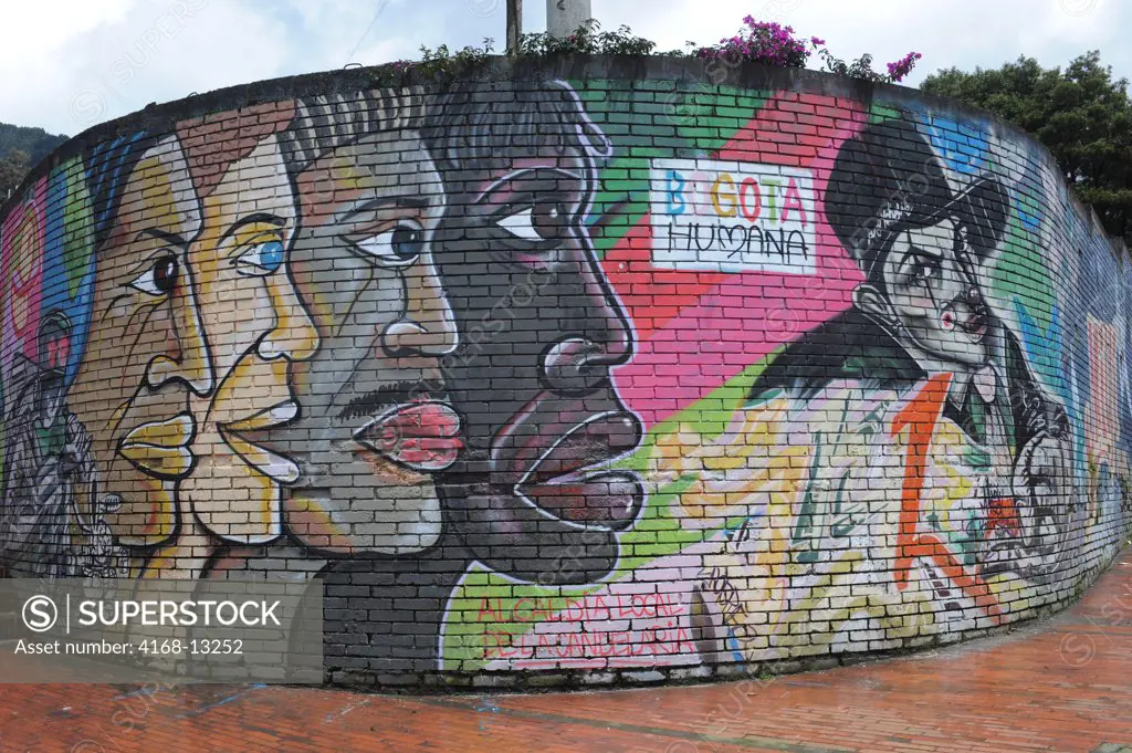 Wall Of High School Painted With Colorful Graffiti In La Candelaria, The Old Town Of Bogota, Colombia