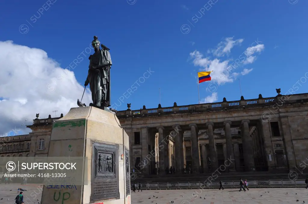 Statue Of Simon Bolivar In Front Of Congress Building On Plaza De Bolivar In La Candelaria, The Old Town Of Bogota, Colombia