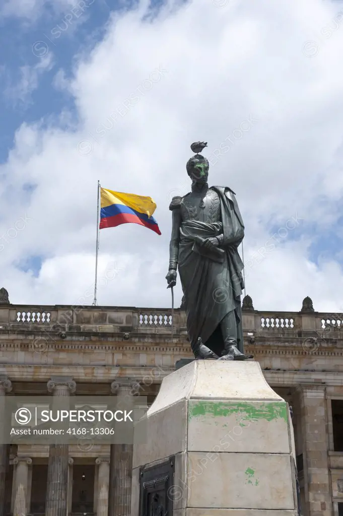 Statue Of Simon Bolivar In Front Of Congress Building On Plaza De Bolivar In La Candelaria, The Old Town Of Bogota, Colombia