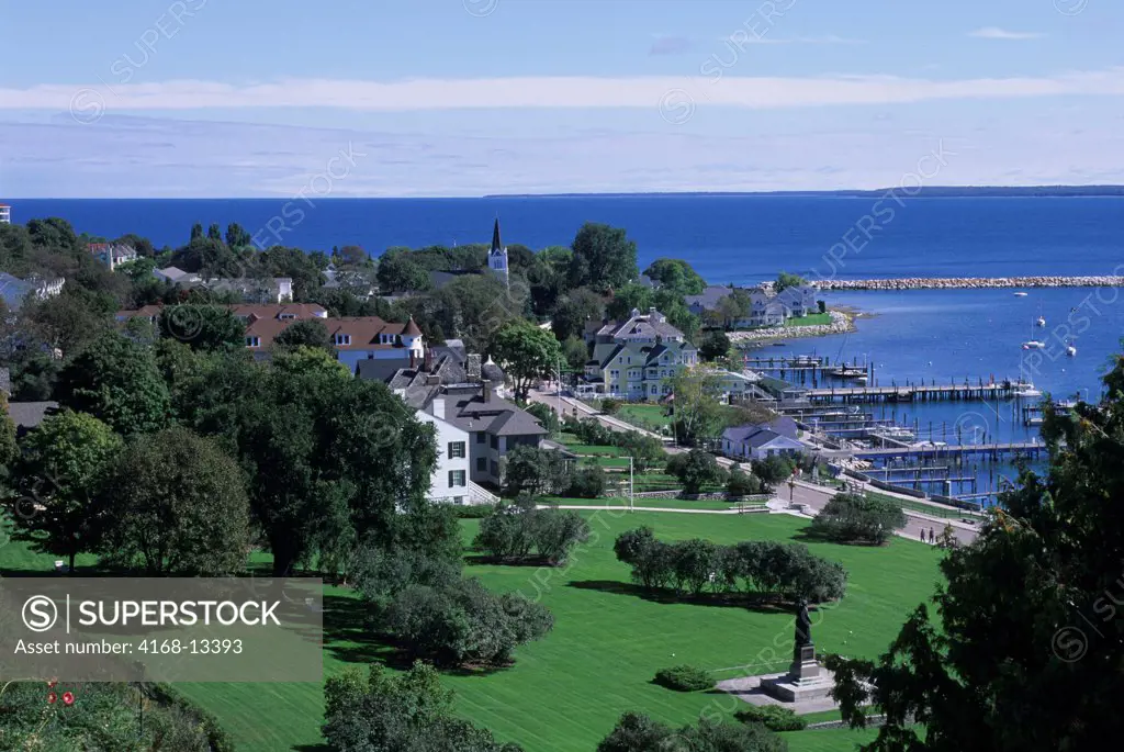 USA, Michigan, Lake Huron, Mackinac Island, View Of Village From Fort