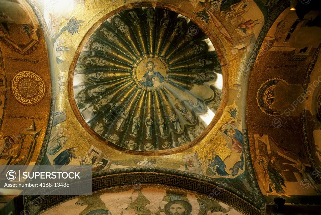 Turkey, Istanbul, Kariye Byzantine Church (Museum), Christ And His Apostles Mosaic On Ceiling