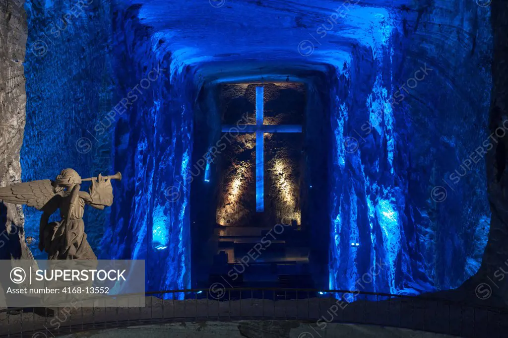 Main Altar In The New Cathedral With Cross And Angel Sculpture, Salt Cathedral (Salt Mine) In Zipaquira Near Bogota, Colombia
