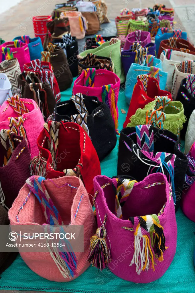 Colorful Woven Wayuu Bags Made By Indigenous People For Sale In The Old Town Of Santa Marta, Colombia
