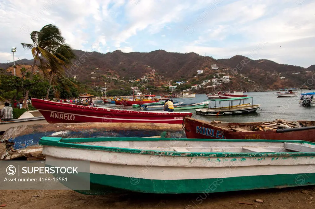 Fishing Boats On Beach At The Fishing Village Of Taganga Near Santa Marta