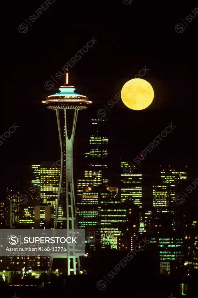 USA, Washington, Seattle Skyline With Full Moon, Space Needle Foreground