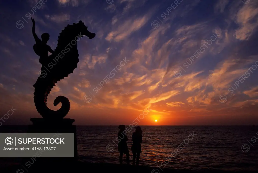 Mexico, Puerto Vallarta, Malecon, Walkway By Beach, Sea Horse Sculpture, Sunset, People