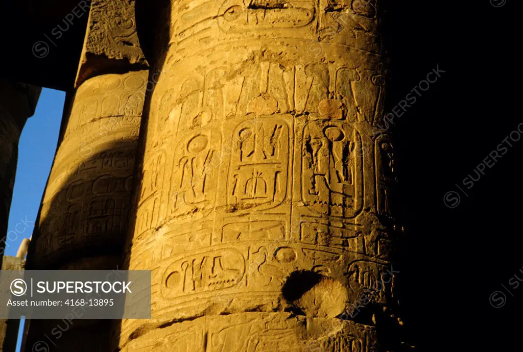 Egypt, Luxor, Temple Of Karnak, Ancient Egyptian Hieroglyphics On Columns Of Temple