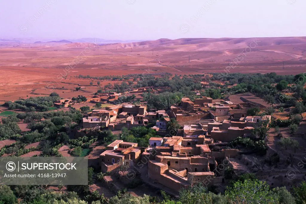 Morocco, Near Marrakech, Atlas Mountains, View Of Berber Village, Olive Trees