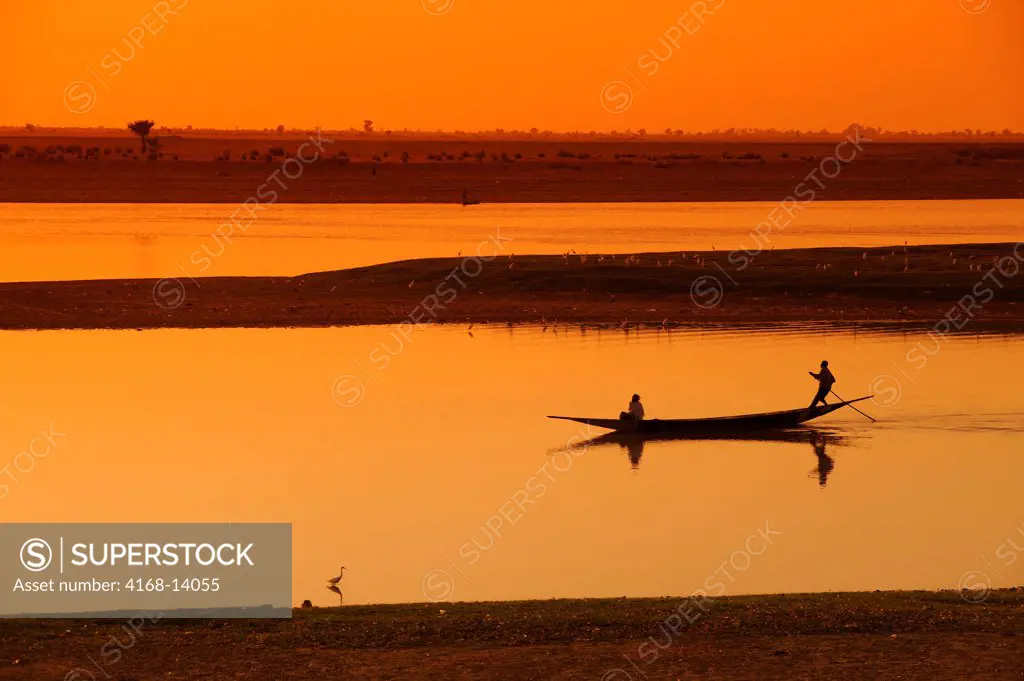 West Africa, Mali, Mopti, Bani River, Local People In Boat, Sunset