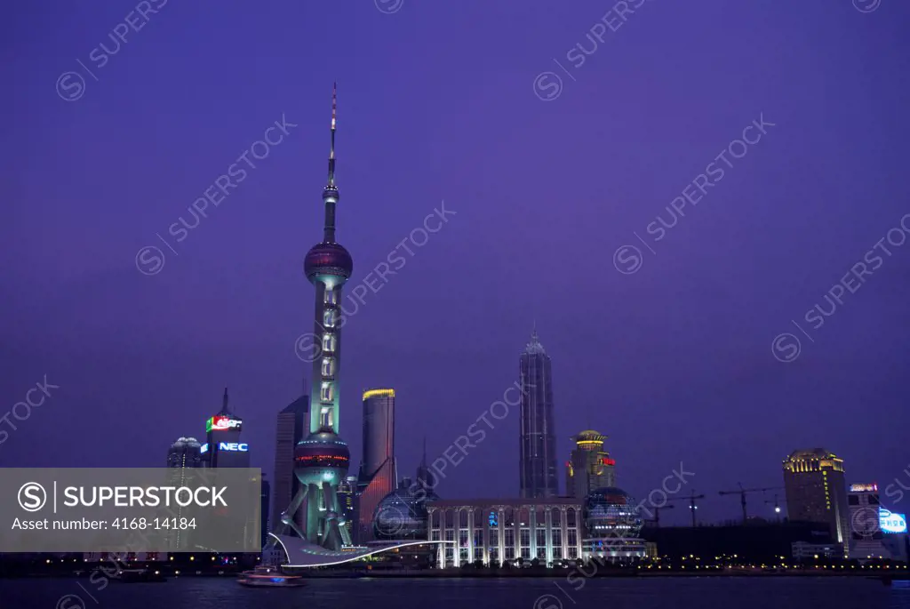 China, Shanghai, Huangpu River, Oriental Pearl Television Tower, Night