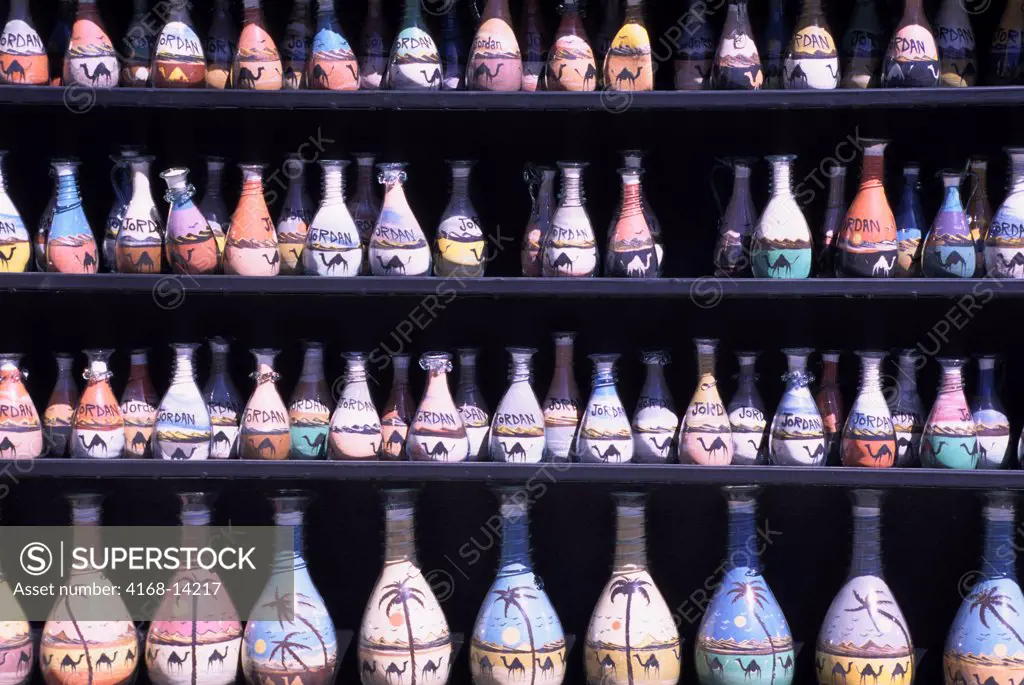 Jordan, Jerash, Ancient Roman City, Souvenir Store, Glass Bottles Filled With Colorful Sand