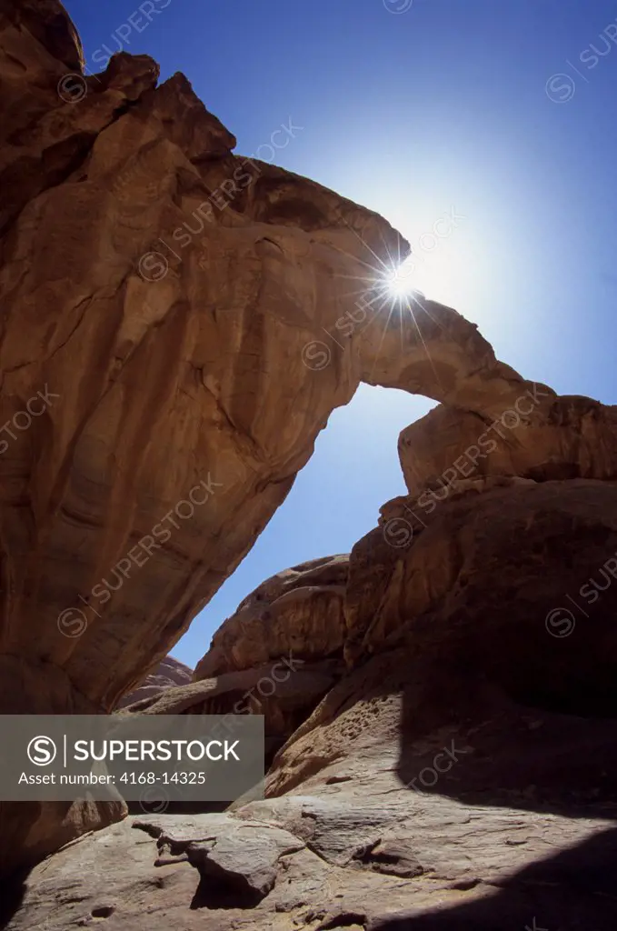 Jordan, Wadi Rum, Um Frouth Rock Bridge, Sandstone Formation, Sunburst