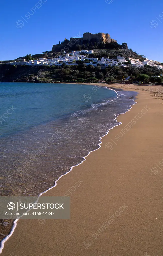 Greece, Rhodes, View Of Lindos With Acropolis, Beach