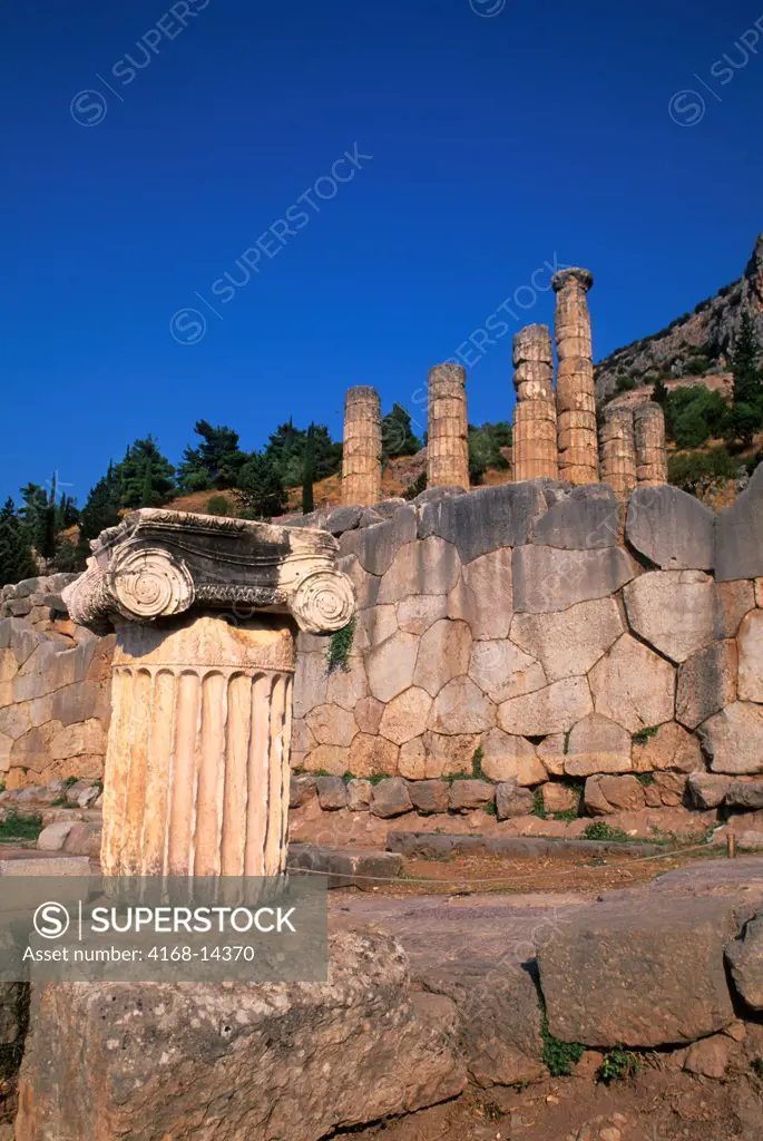Greece, Delphi, Sanctuary Of Apollo, Sacred Way, Ionic Capital, Temple Of Apollo