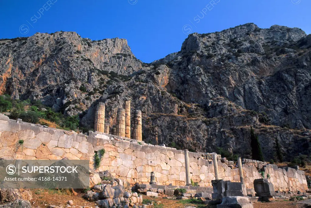 Greece, Delphi, Sanctuary Of Apollo, Sacred Way, Polygonal Wall, Temple Of Apollo