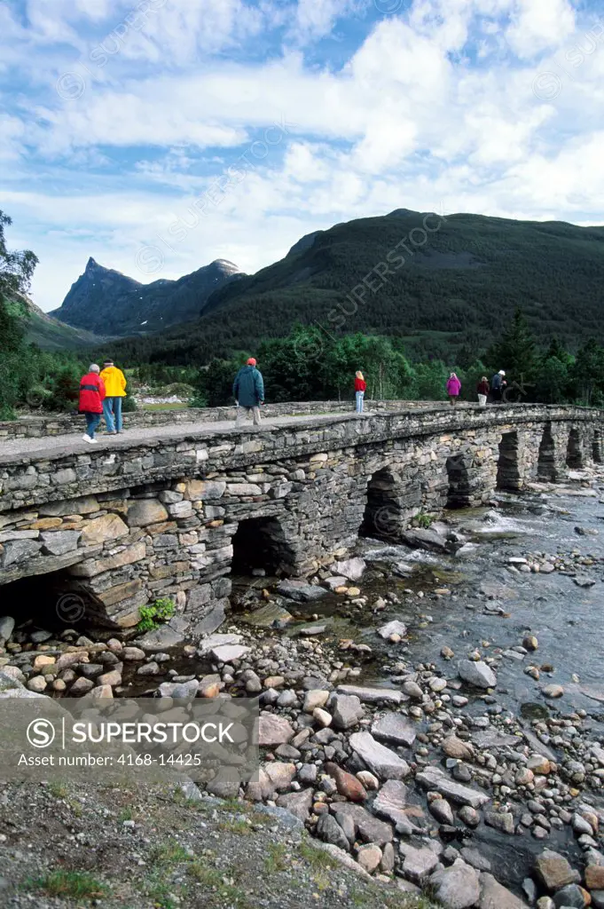 Norway, Near Hellesylt, Hornindal Valley, Old Stone Bridge, Tourists