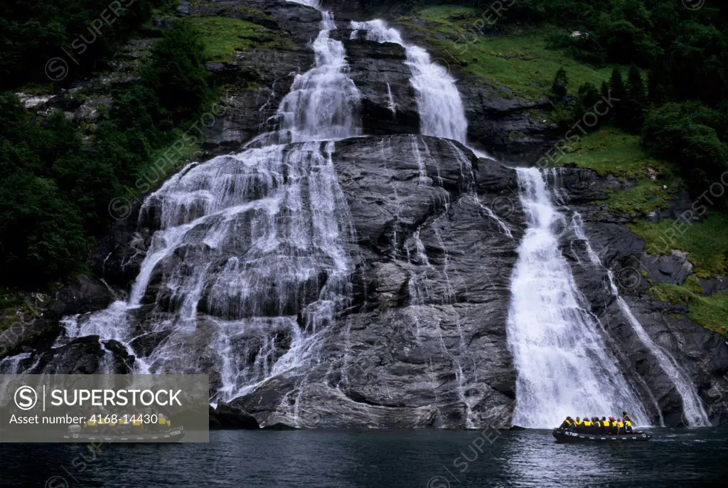 Norway, Geiranger Fjord, Suitor Waterfall, Zodiacs