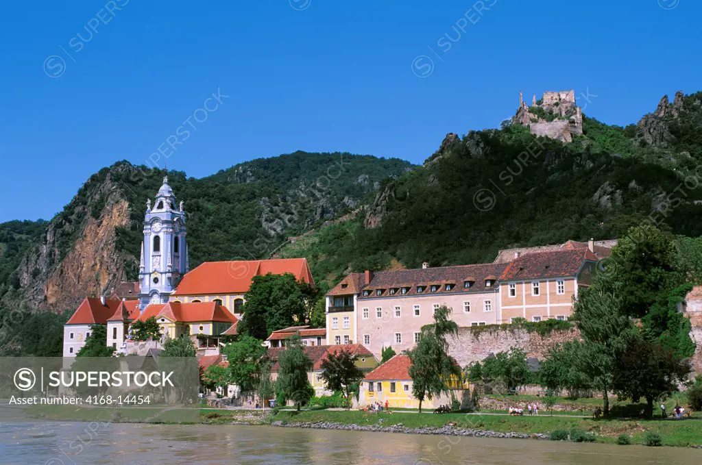 Austria, Danube River, Wachau Valley, Durnstein, View Of Church And Castle Kuenringerburg