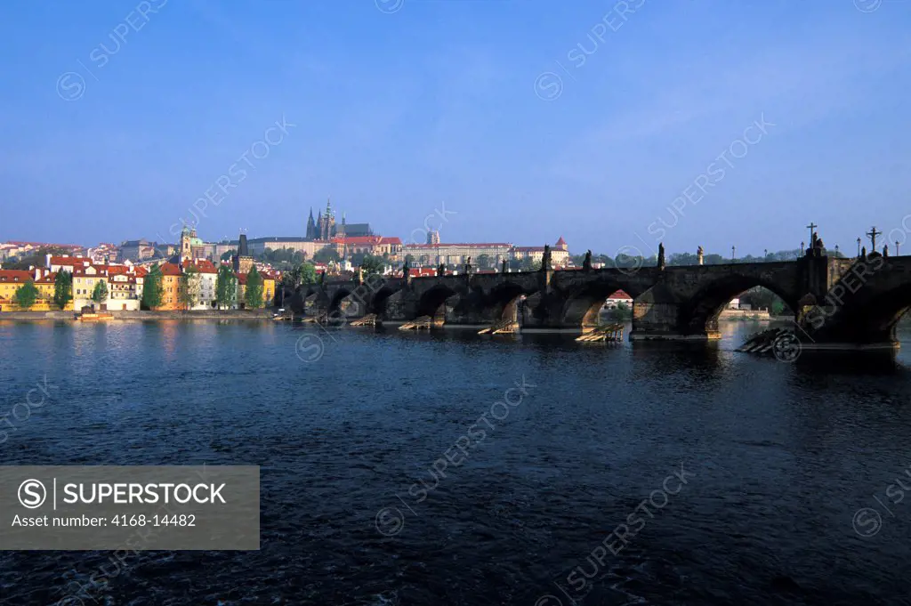 Czech Republic, Prague, View Of Charles Bridge And Prague Castle, Vltava River