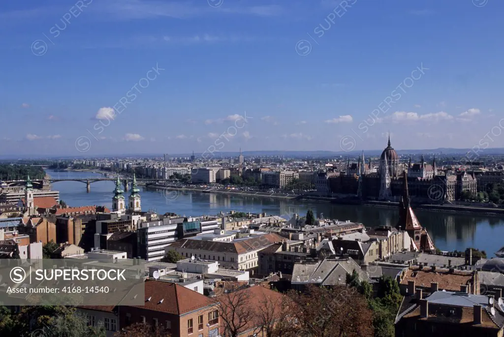 Hungary, Budapest, Castle District, View From The Fishermen'S Bastion, Parliament Building, Danube River