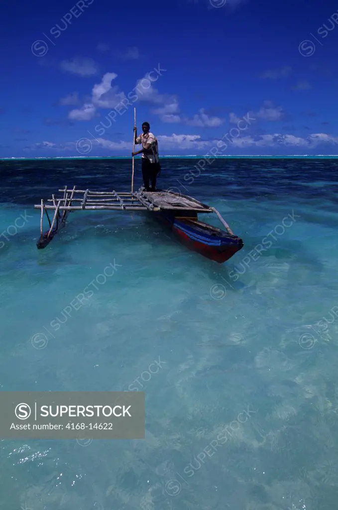 Fiji, Lau Group, Fulanga Island, Beach, Man In Outrigger Canoe