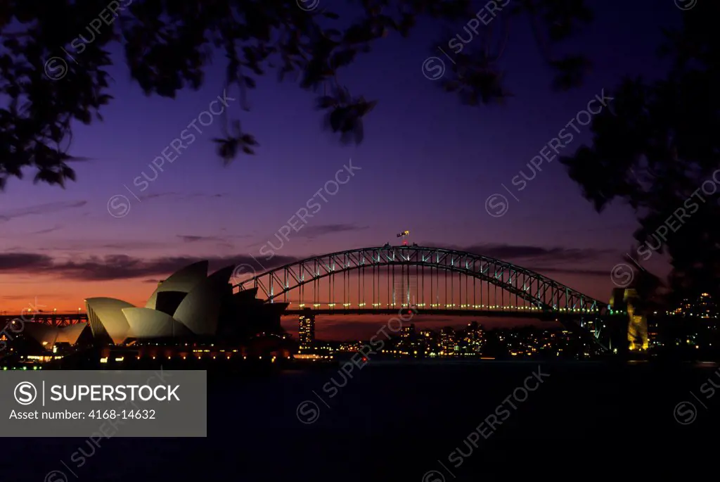 Australia, Sydney, View Of Opera House And Sydney Harbour Bridge, Night