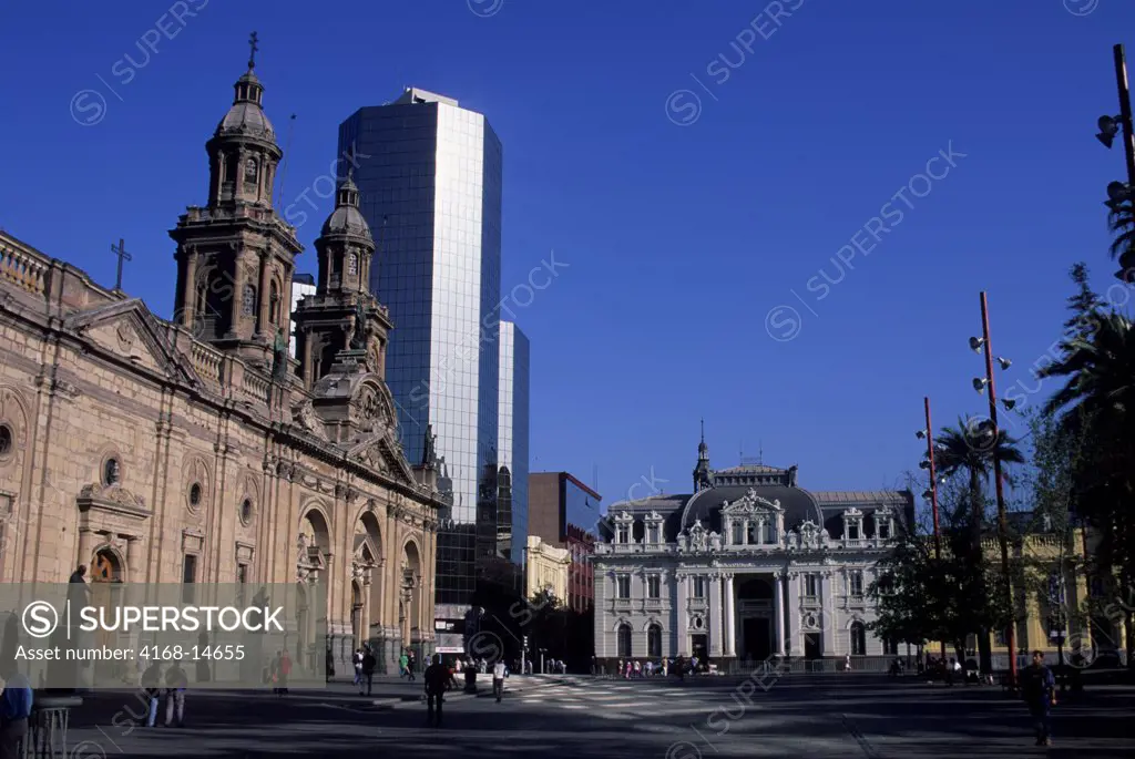 Chile, Santiago, Downtown, Plaza De Armas (Central Square), Cathedral With Modern Building, Old And New