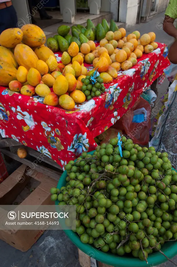 Fresh Fruits (Guamo Fruits In Foreground  - Green) For Sale In The Streets Of Cartagena, Colombia