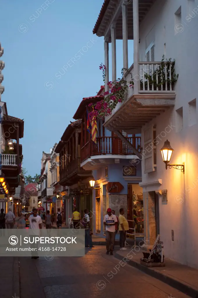 Street Scene In The Evening With Colonial Architecture In The Walled City Of Cartagena, Colombia, A Unesco World Heritage Site