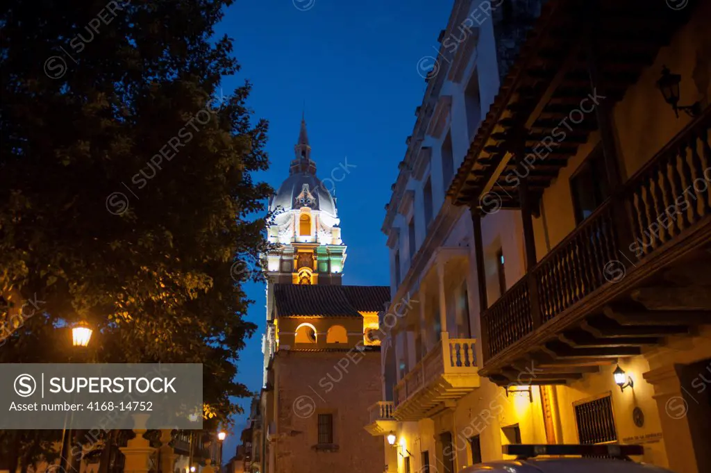 Cathedral At Night In The Walled City Of Cartagena, Colombia, A Unesco World Heritage Site